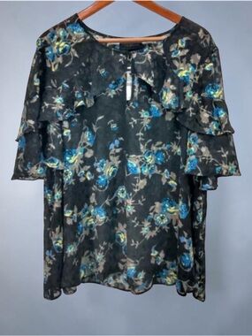 Lane Bryant Black Blouse with Blue Floral Ruffles